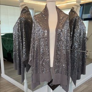 IMAN Sequined Open Drape Cardigan in Taupe